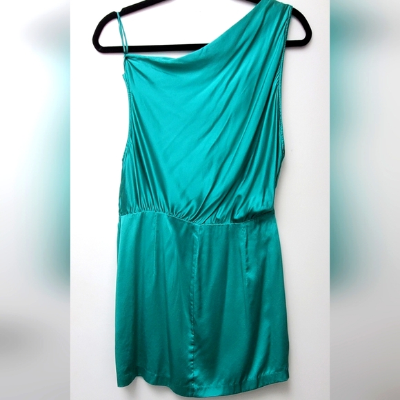 The Sei Off One Shoulder Mini Teal Silk Dress Size 6 - Picture 10 of 13